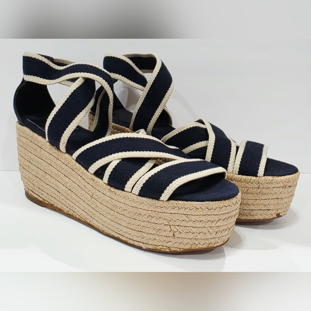 Tory Burch FRIEDA Espadrille Blue Stripe Heel Wedge Ankle Sandal Canvas 11 B New